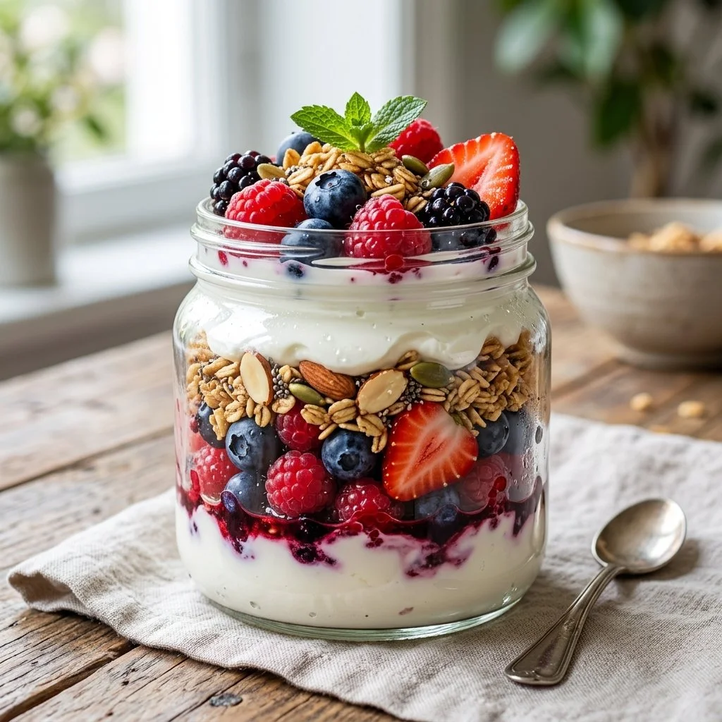Berry Breakfast Parfait layered with yogurt and granola in a glass