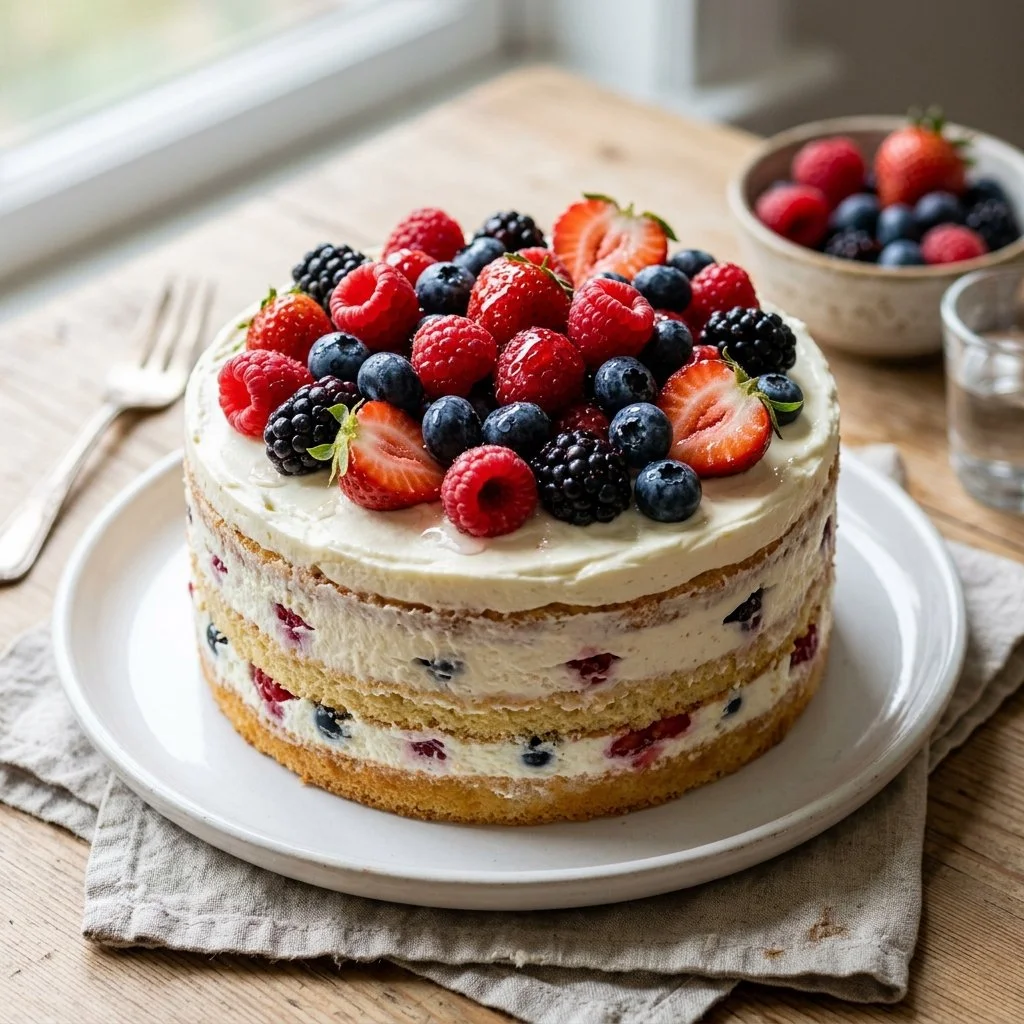 Delicious Berry Chantilly Cake topped with fresh berries and whipped cream