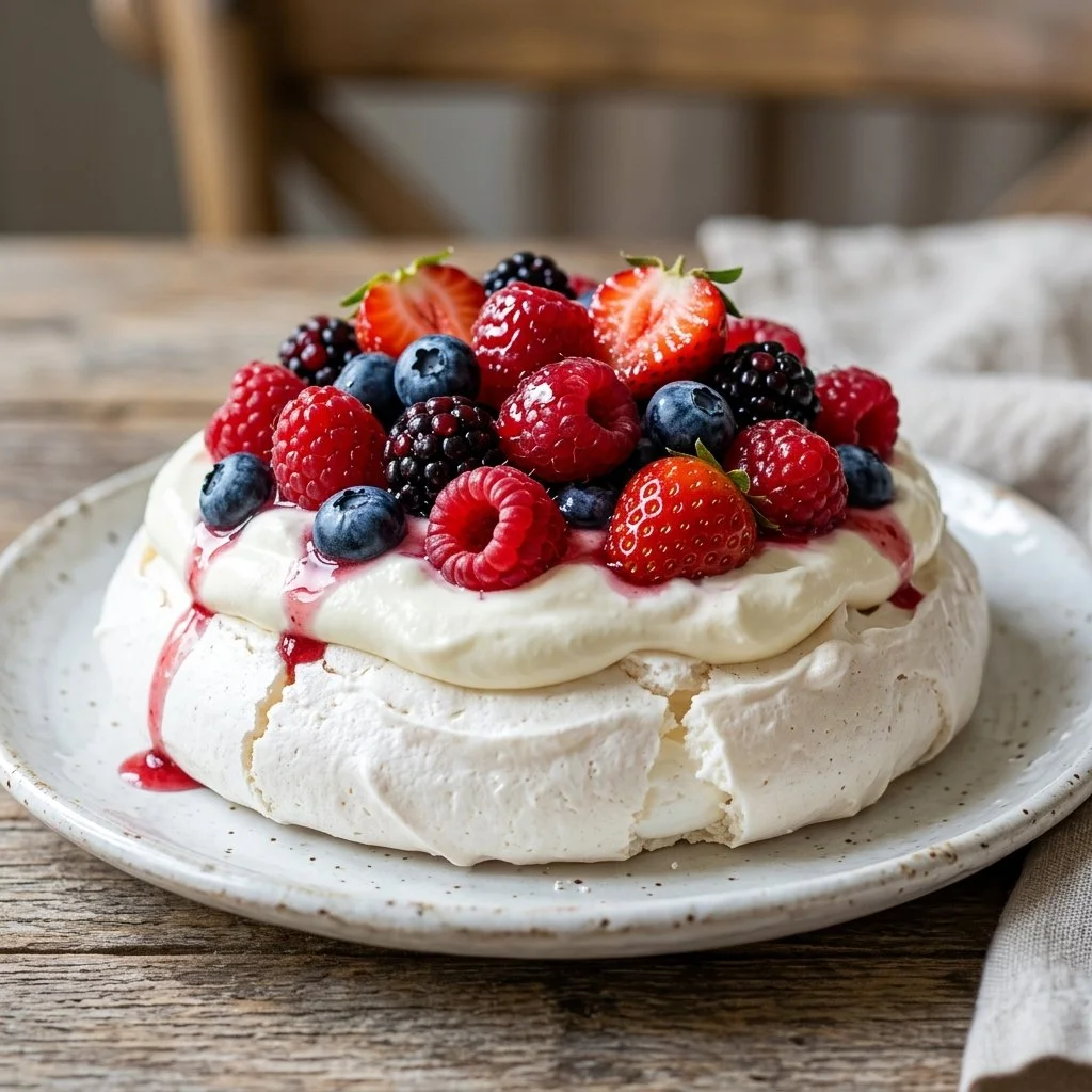 Delicious homemade Berry Pavlova topped with an assortment of fresh berries and cream