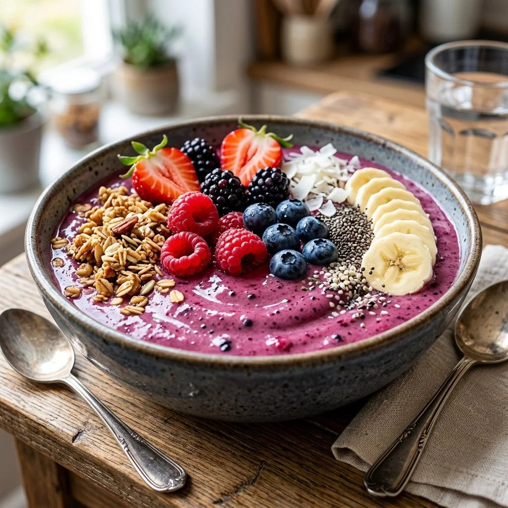 A vibrant berry smoothie bowl topped with fresh fruits and nuts.