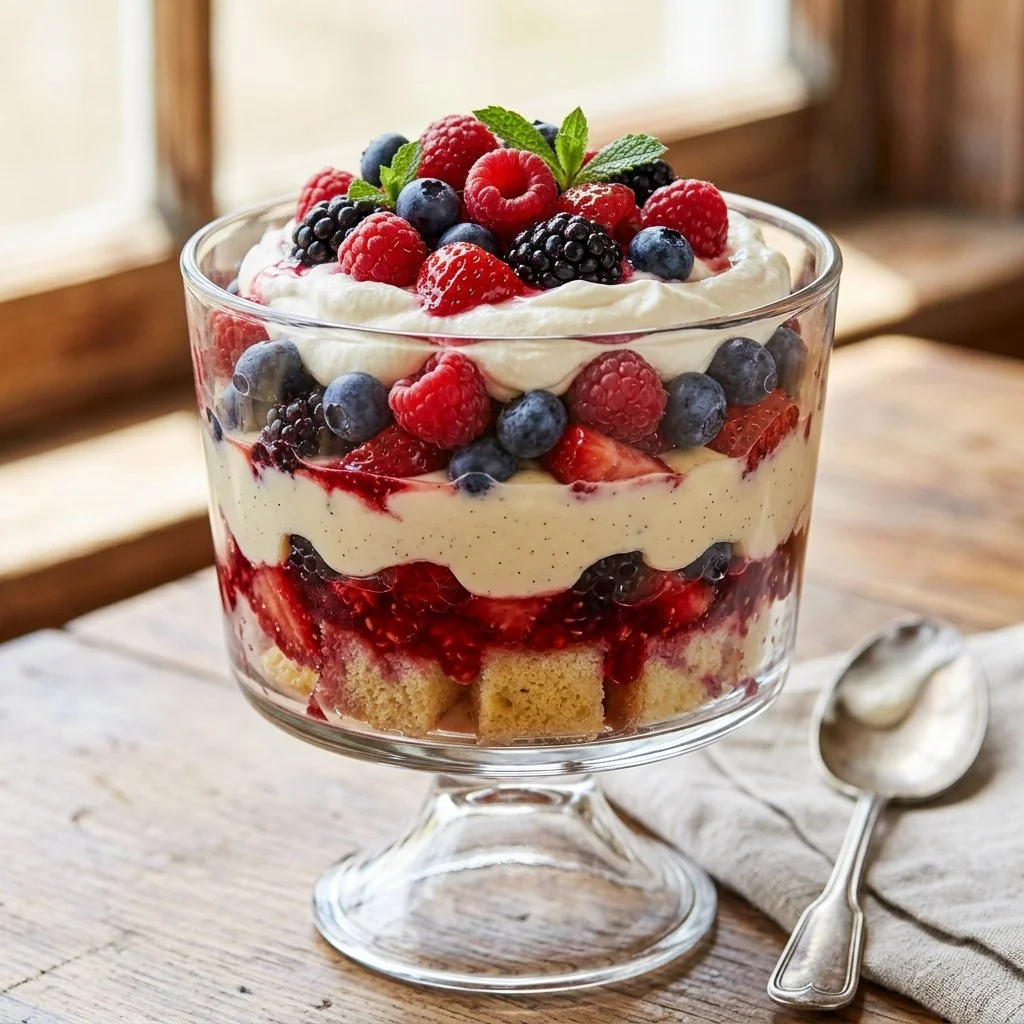 Colorful berry trifle with layers of fresh berries, cream, and cake.