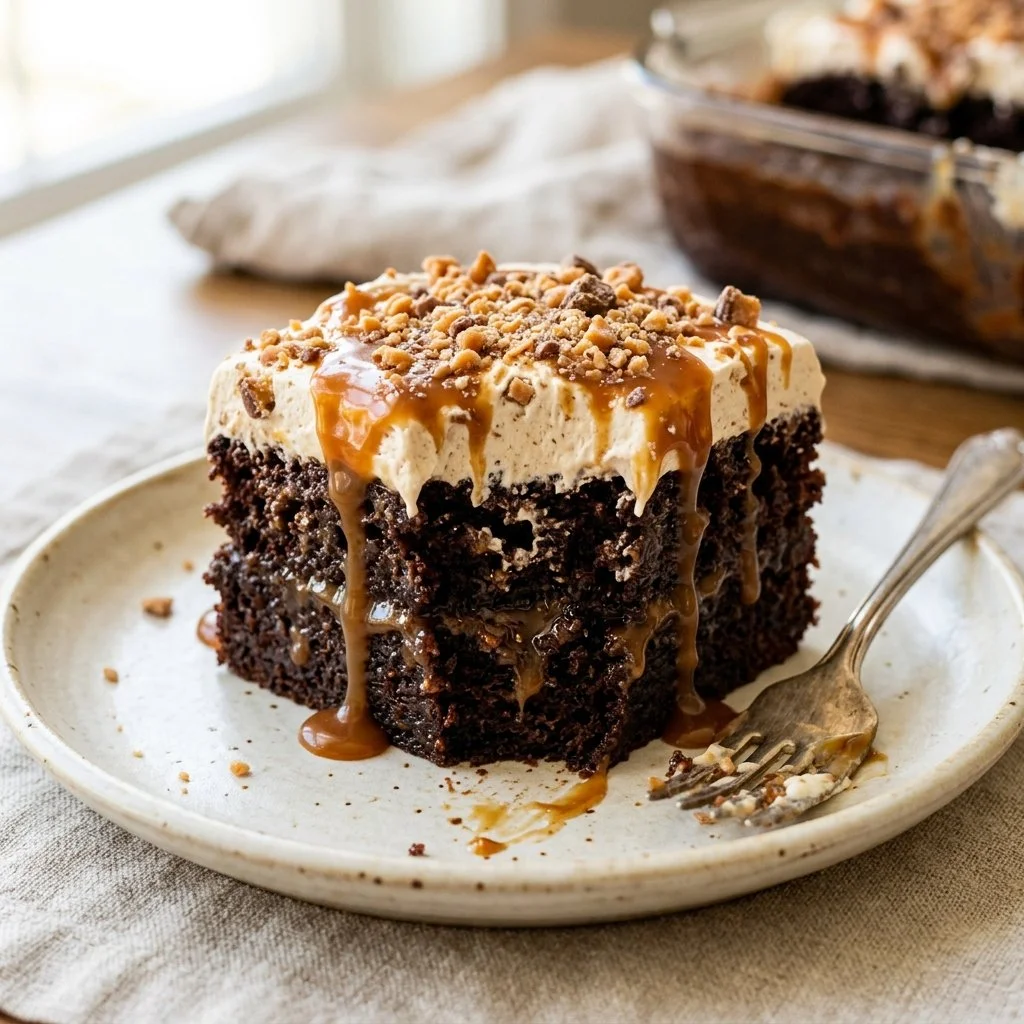 Better Than Anything Cake topped with chocolate and caramel sauce