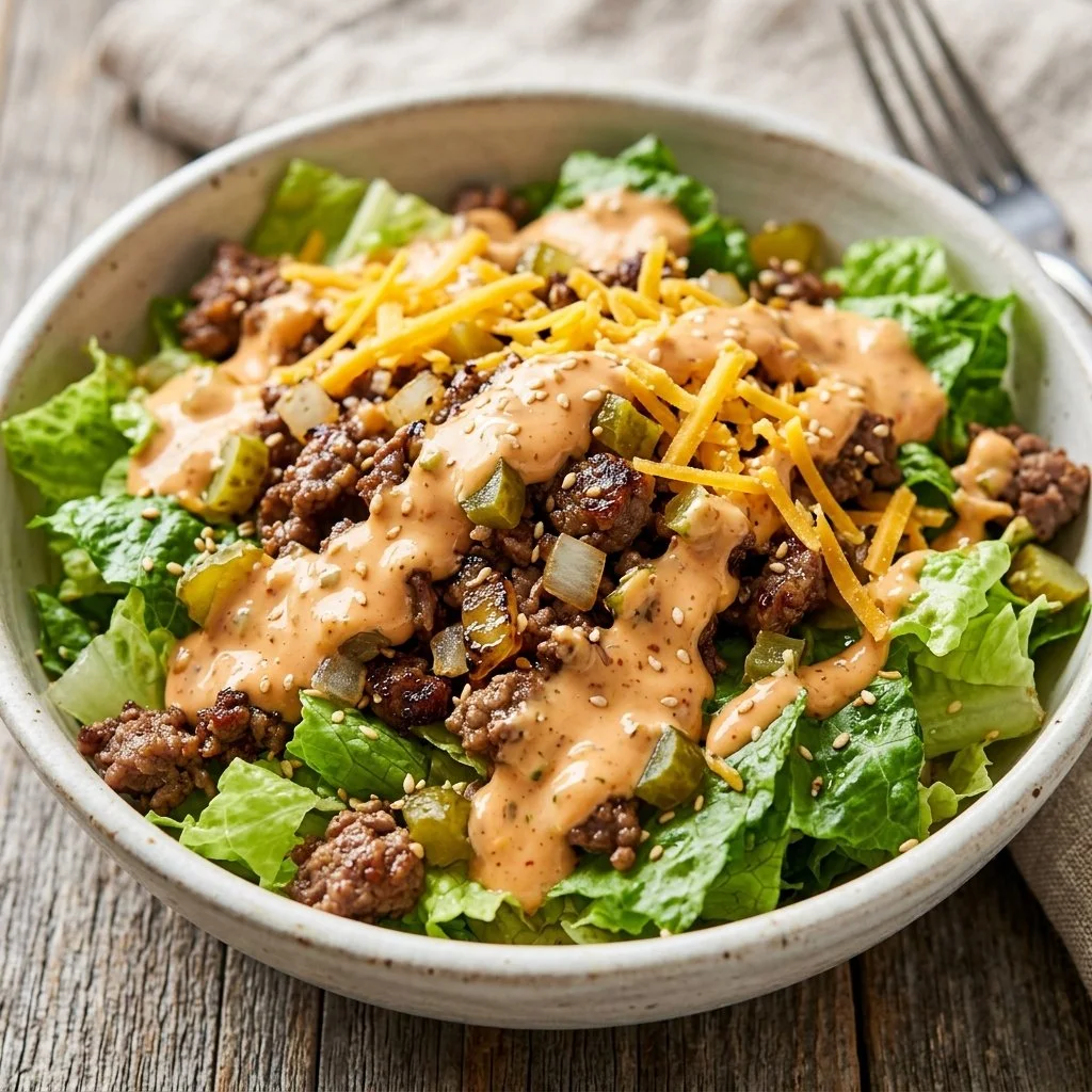 Delicious Big Mac Salad with lettuce, cheese, and special sauce.