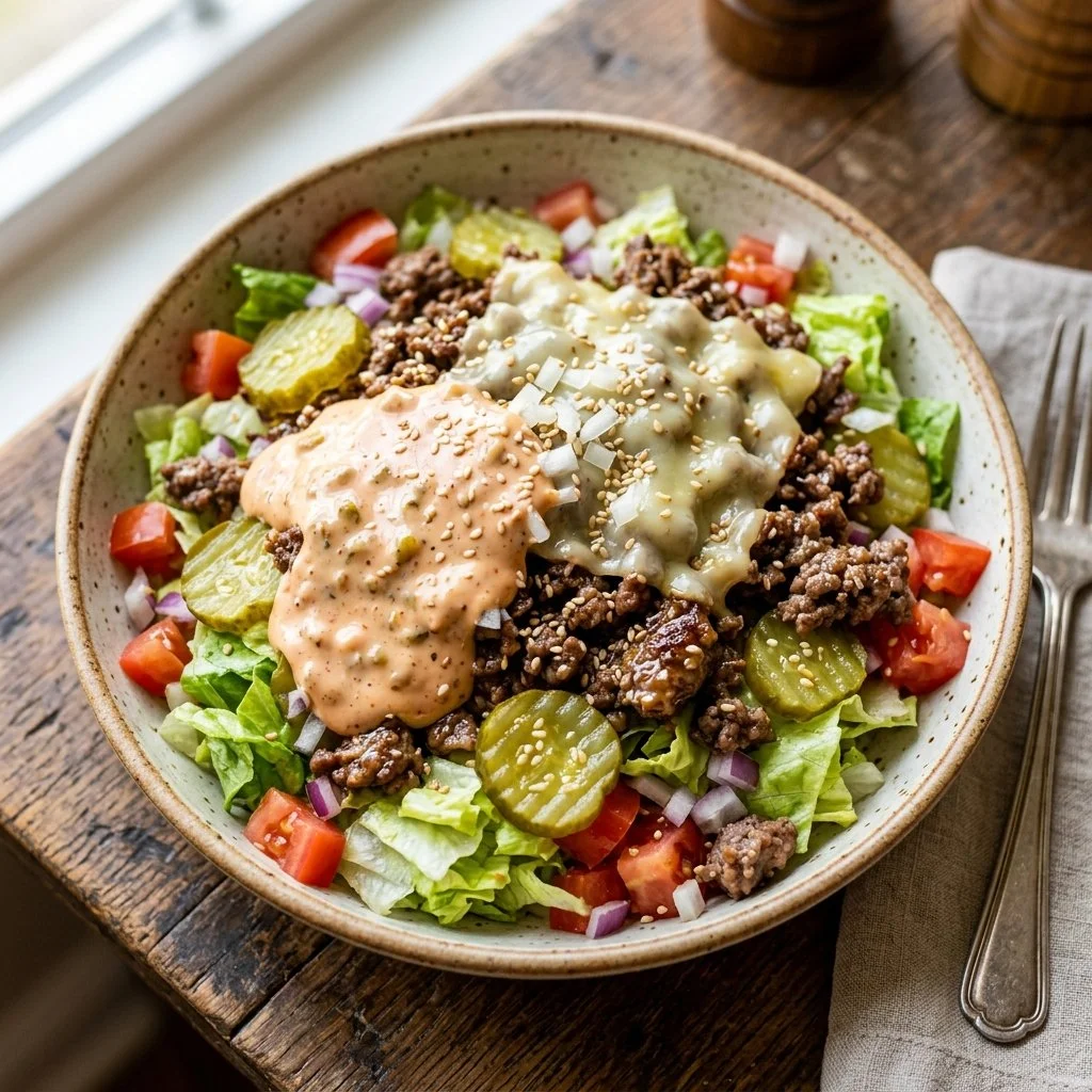 Big Mac Salad with lettuce, cheese, pickles, and burger ingredients in a bowl