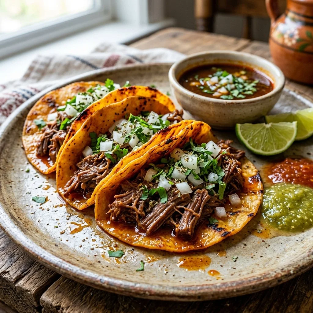Delicious Birria Tacos served with flavorful consommé.