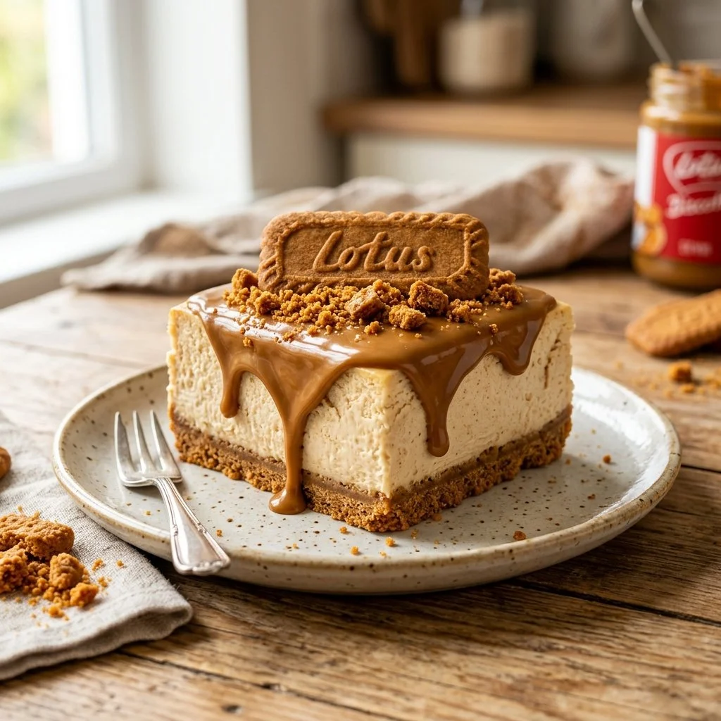 Delicious Biscoff cheesecake topped with caramel and crumbled Biscoff cookies