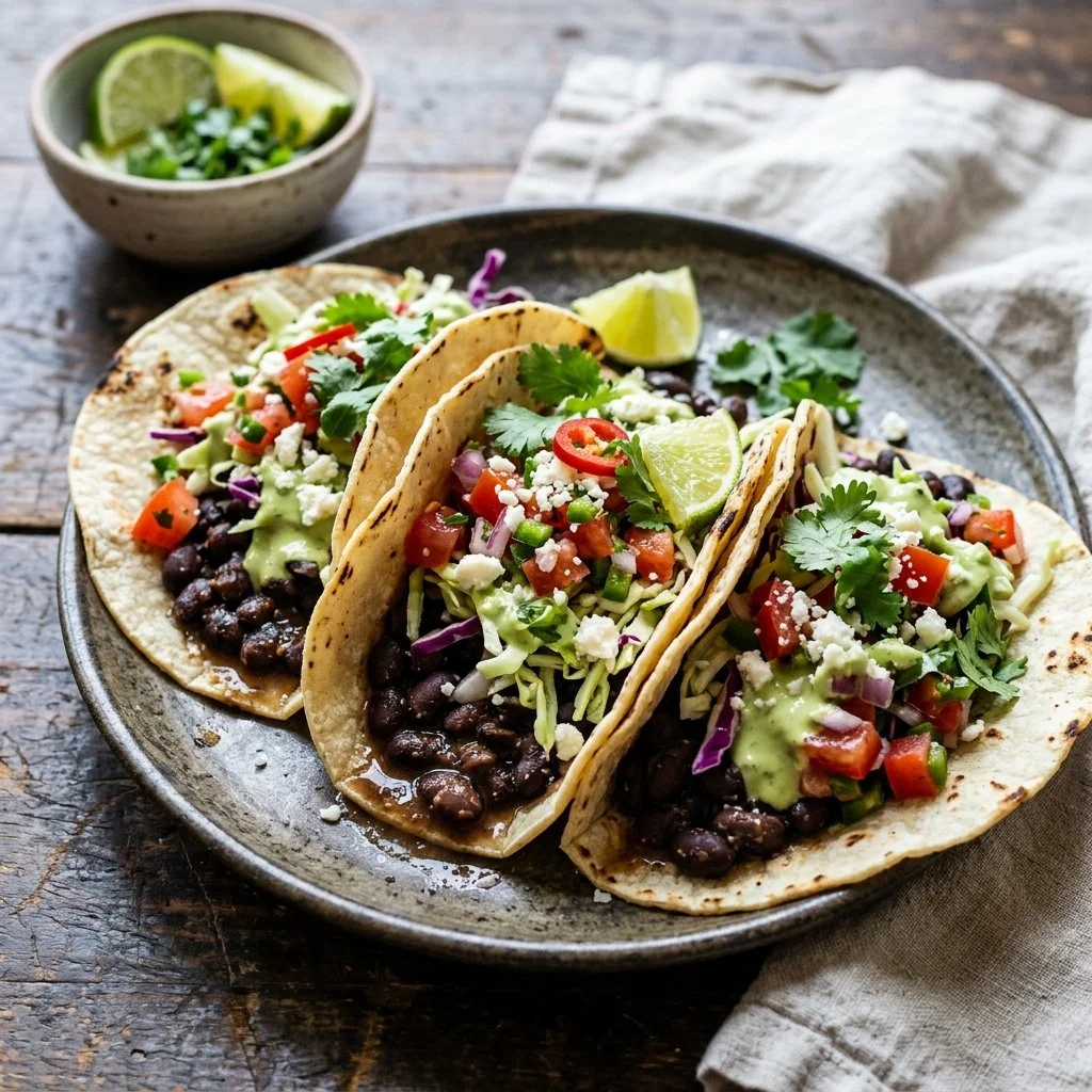 Delicious black bean tacos topped with fresh ingredients and served on a plate