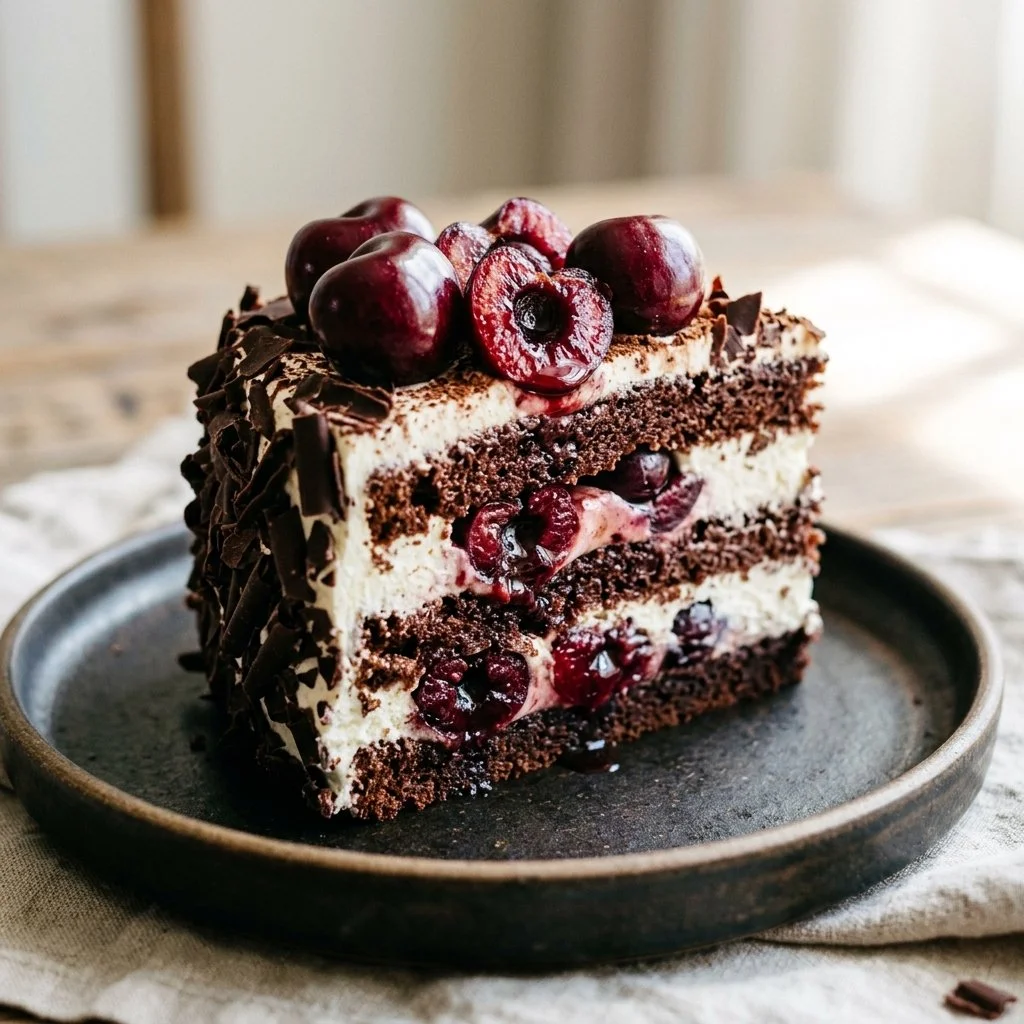 Delicious Black Forest Cake topped with cherries and whipped cream