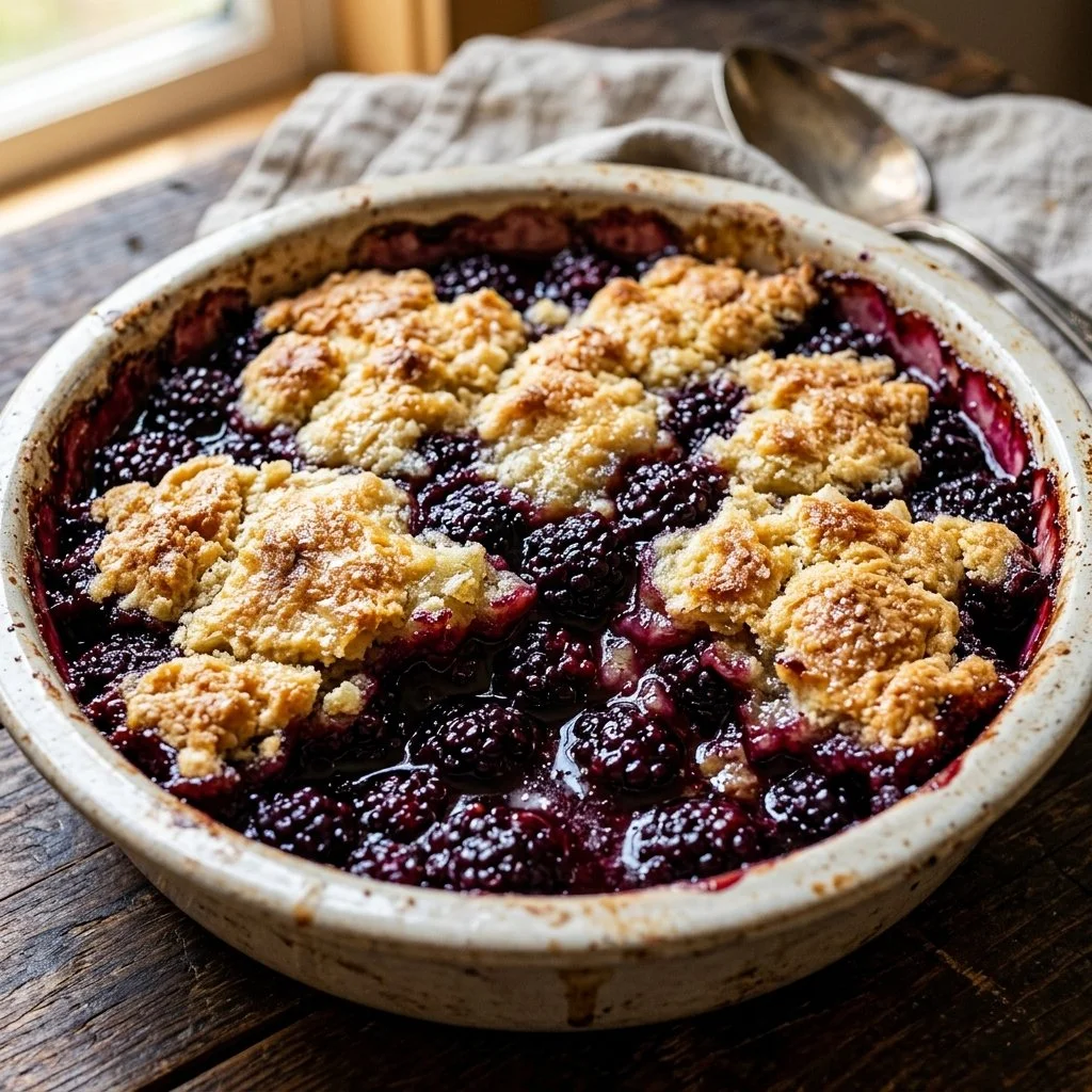 Homemade blackberry cobbler with fresh blackberries and a golden crust.