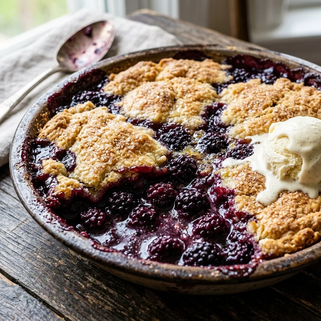 Delicious homemade blackberry cobbler with fresh berries and golden crust