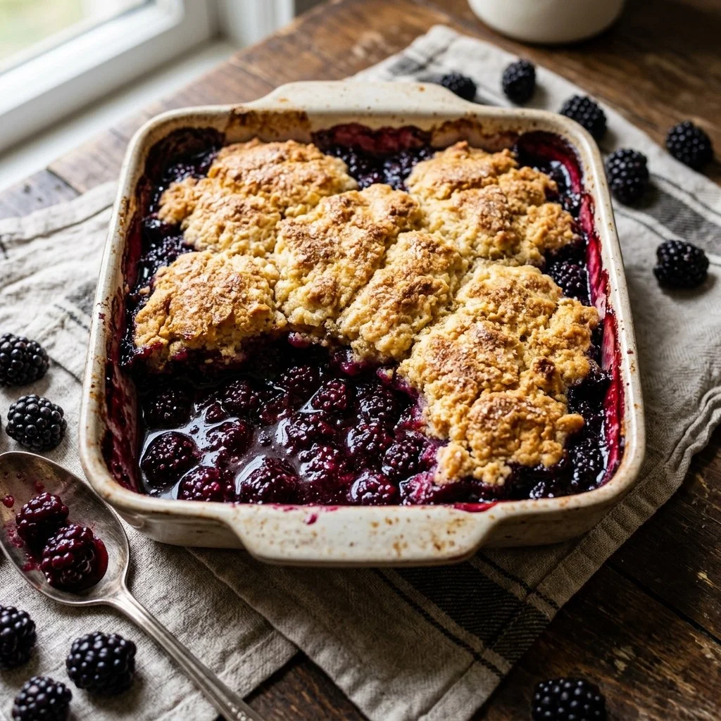 Delicious homemade blackberry cobbler served in a rustic dish.
