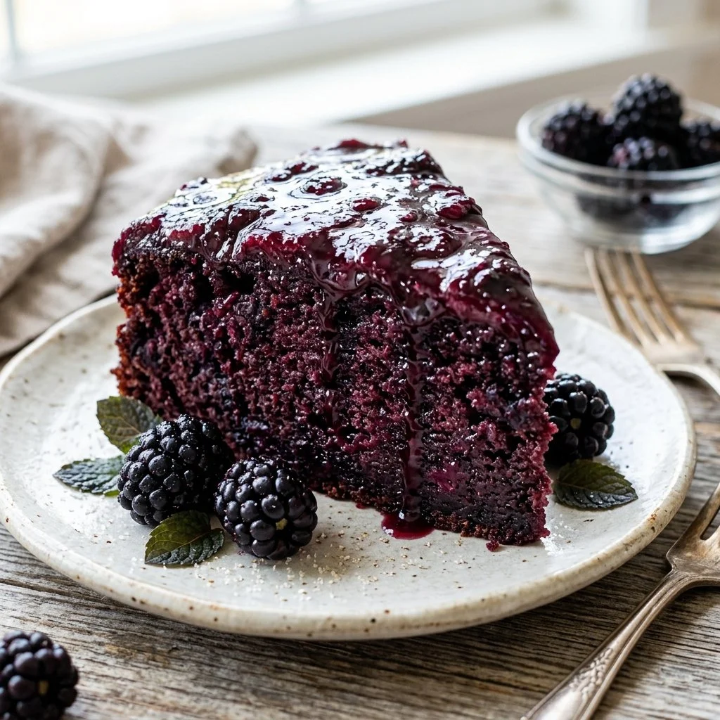 Delicious slice of blackberry wine cake served on a plate with berries.