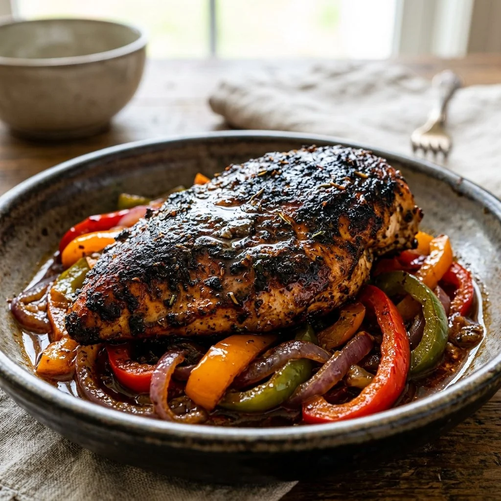 Delicious blackened chicken breast garnished with herbs on a plate
