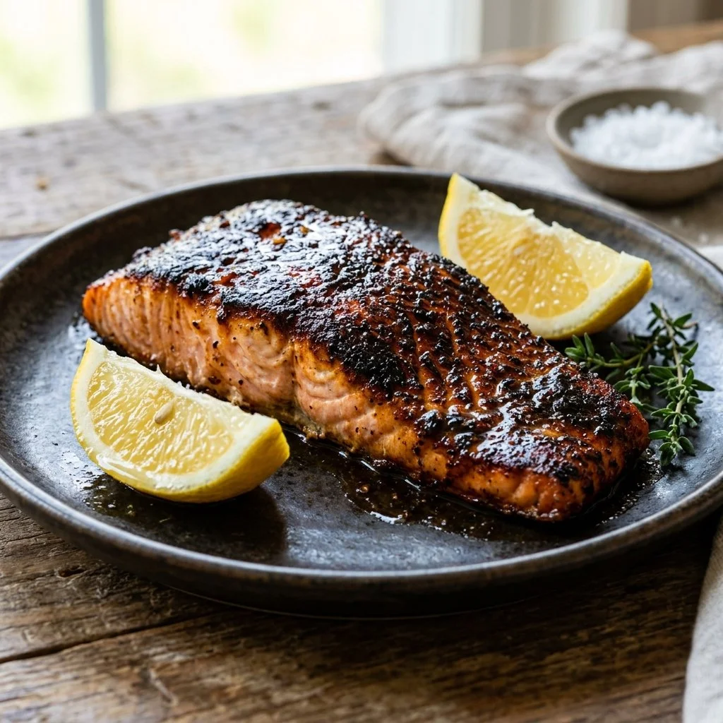 A beautifully cooked blackened salmon fillet seasoned with spices.
