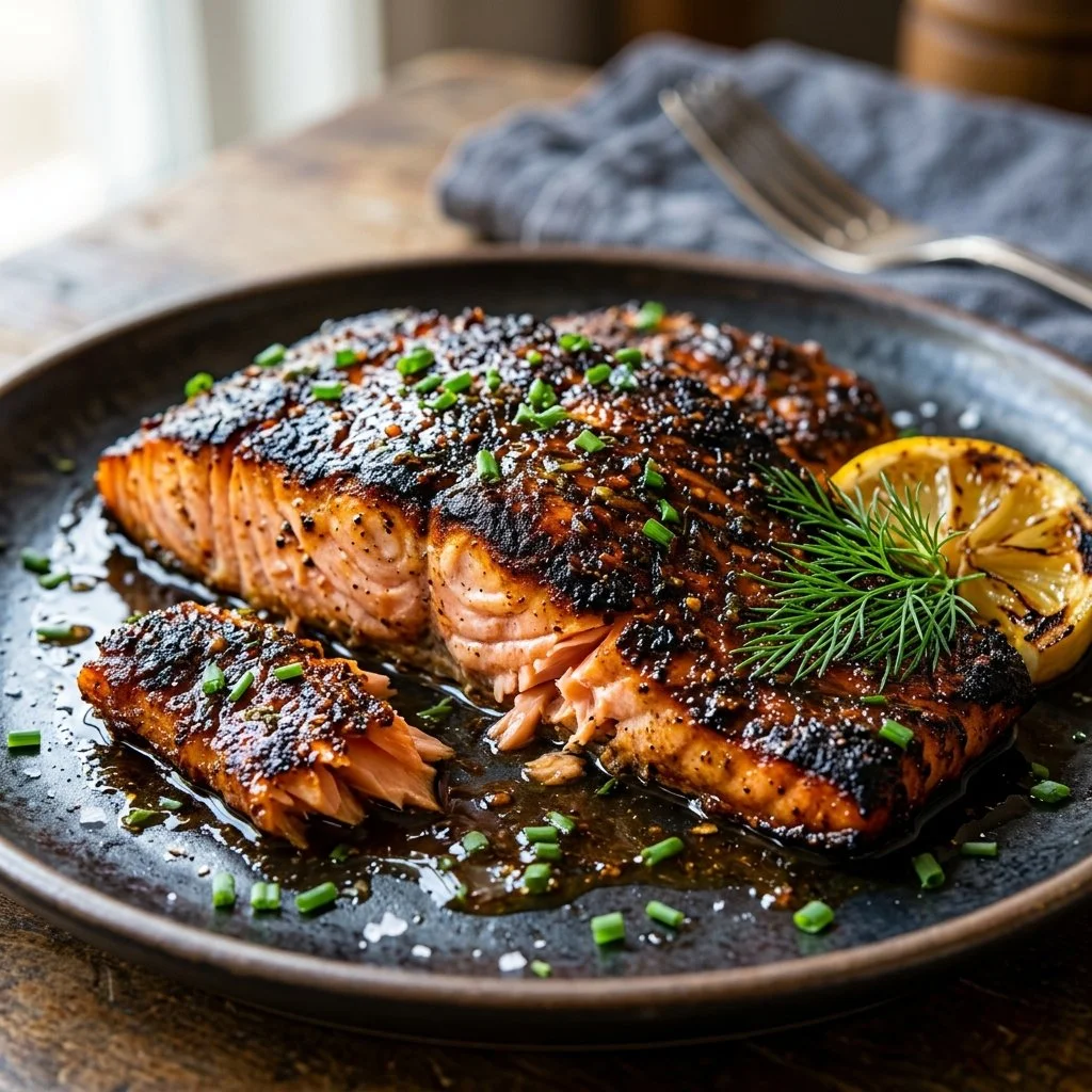 Delicious blackened salmon fillet seasoned and cooked to perfection