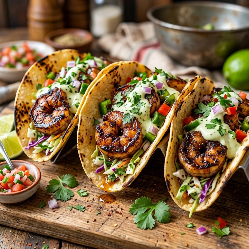 Delicious blackened shrimp tacos served with fresh toppings.