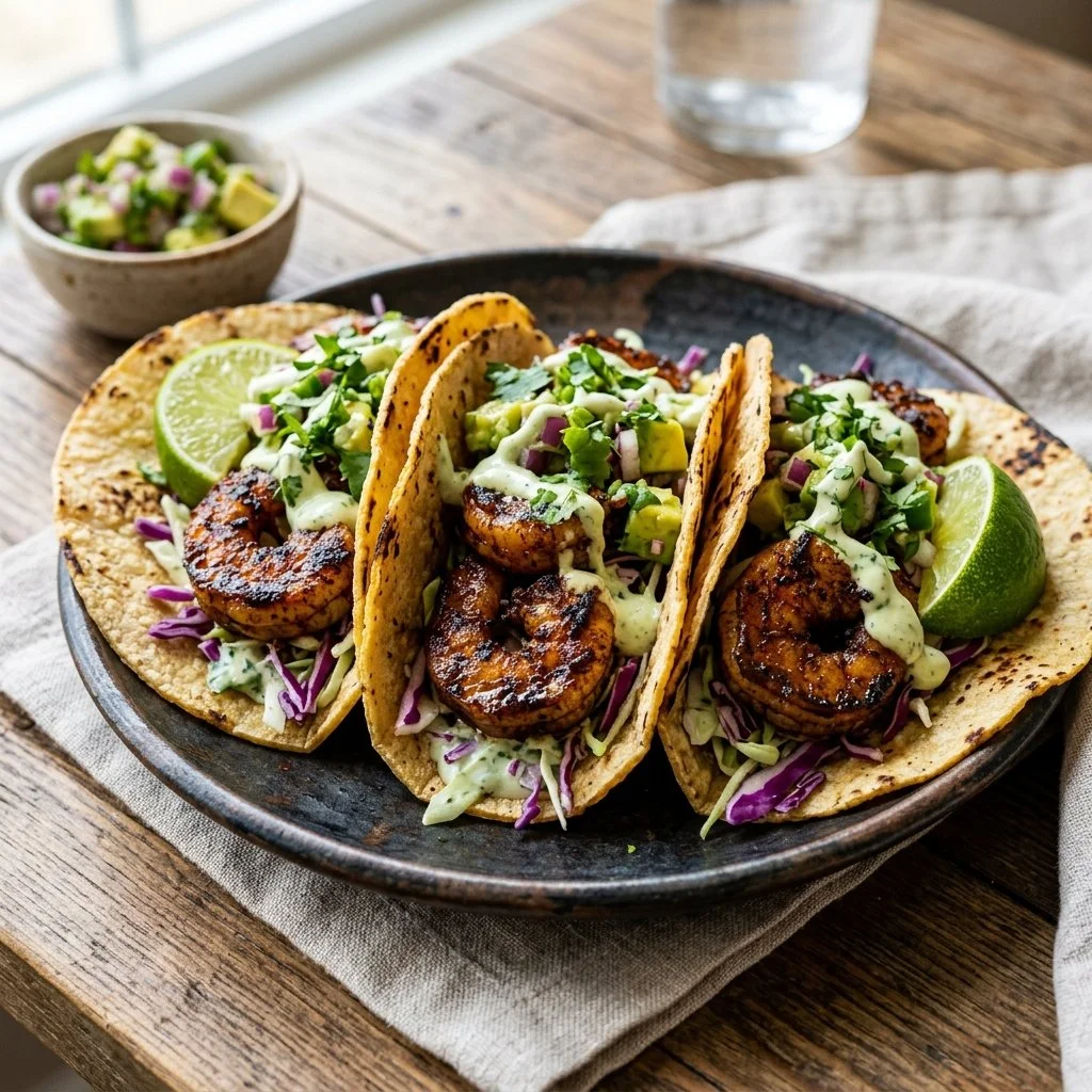 Delicious blackened shrimp tacos garnished with fresh ingredients.