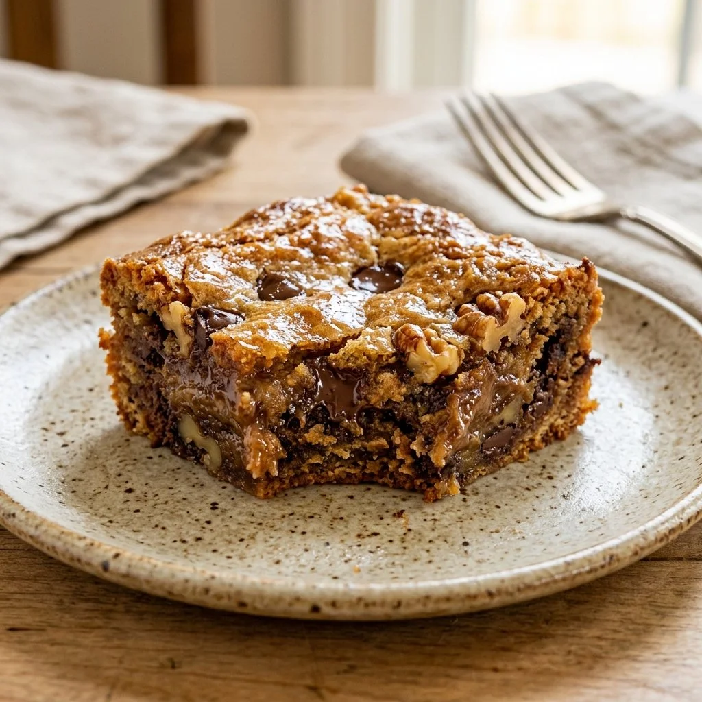 Delicious homemade blondies with chocolate chips on a rustic wooden table