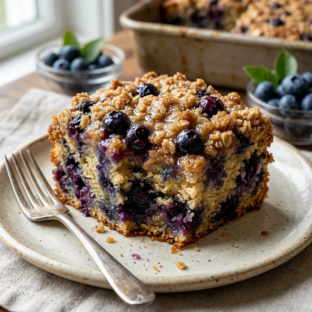 Freshly baked blueberry coffee cake on a wooden table