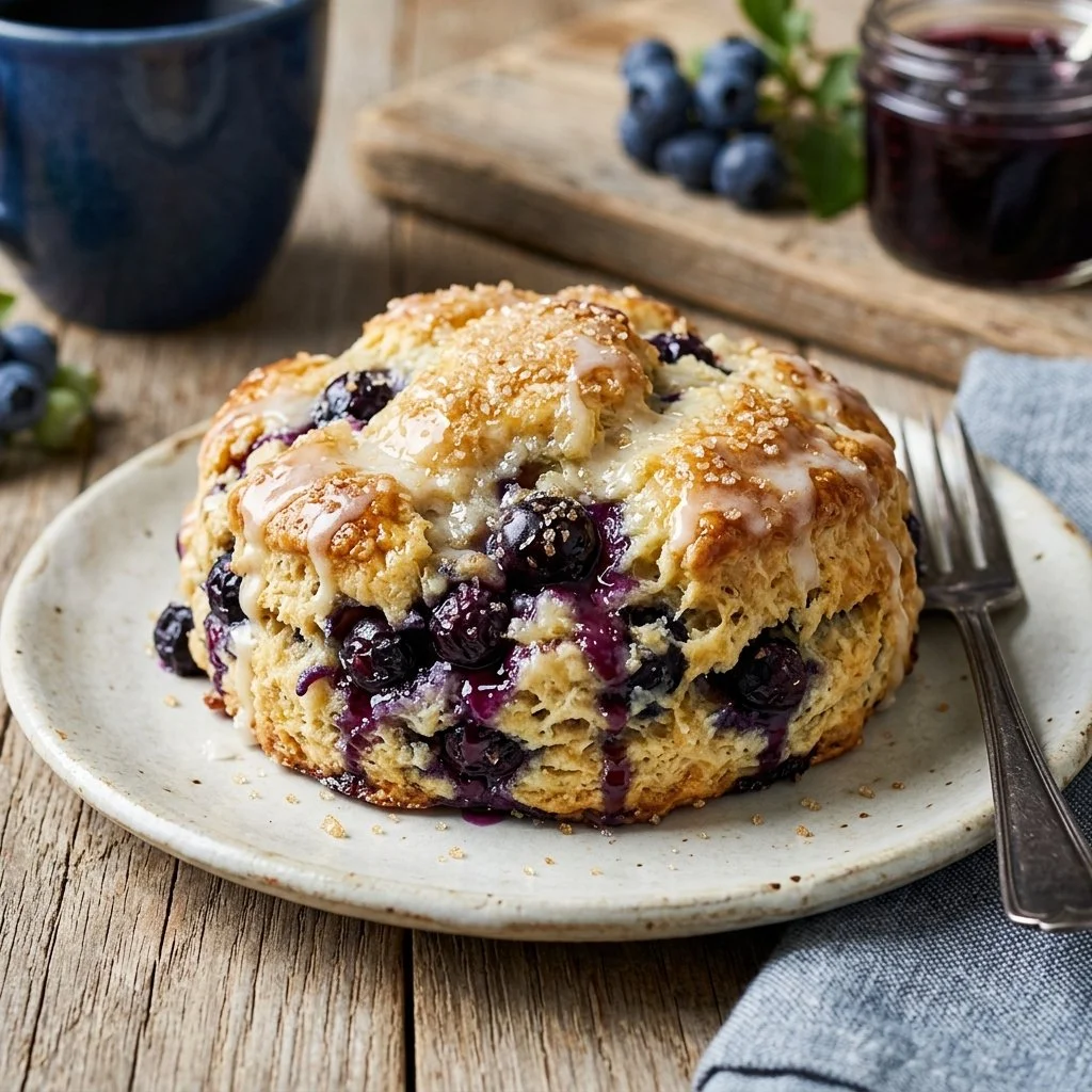Freshly baked blueberry cream scones on a cooling rack