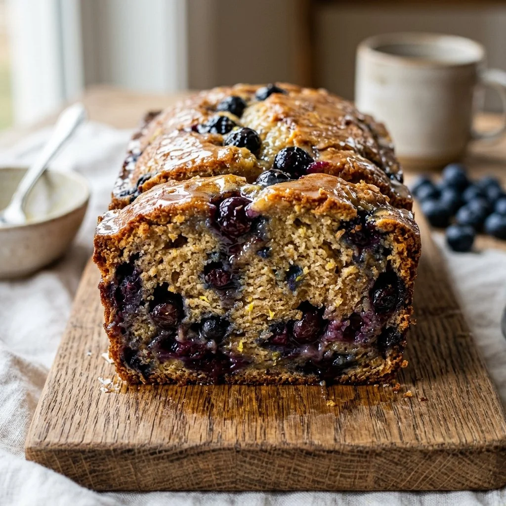 Sliced blueberry lemon bread with berries and lemon zest on a rustic table