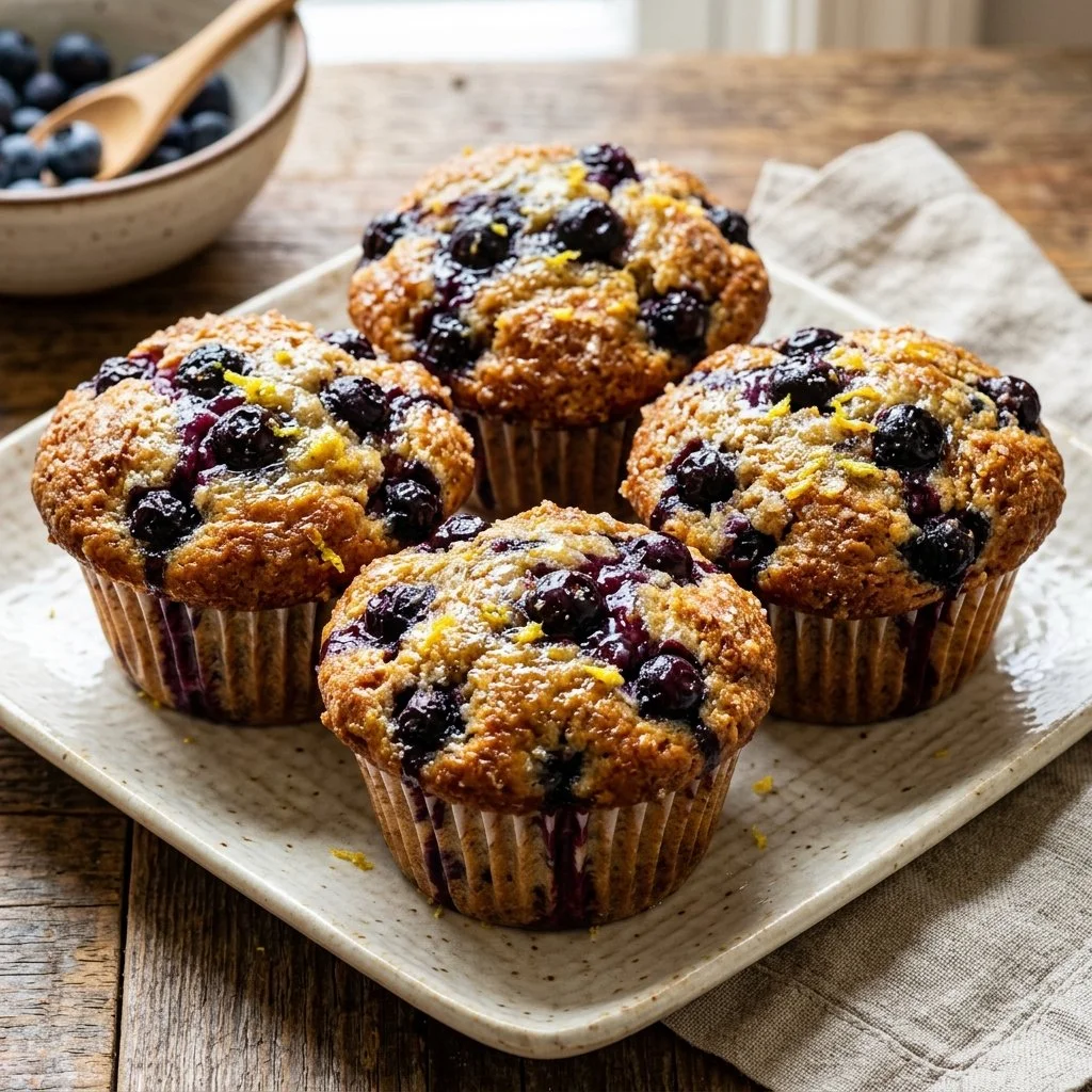 Blueberry lemon muffins fresh out of the oven, topped with sugar glaze.