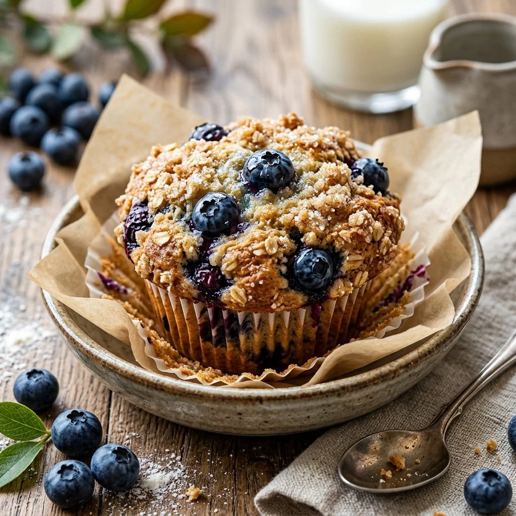 Freshly baked blueberry muffins with berries and a golden-brown top