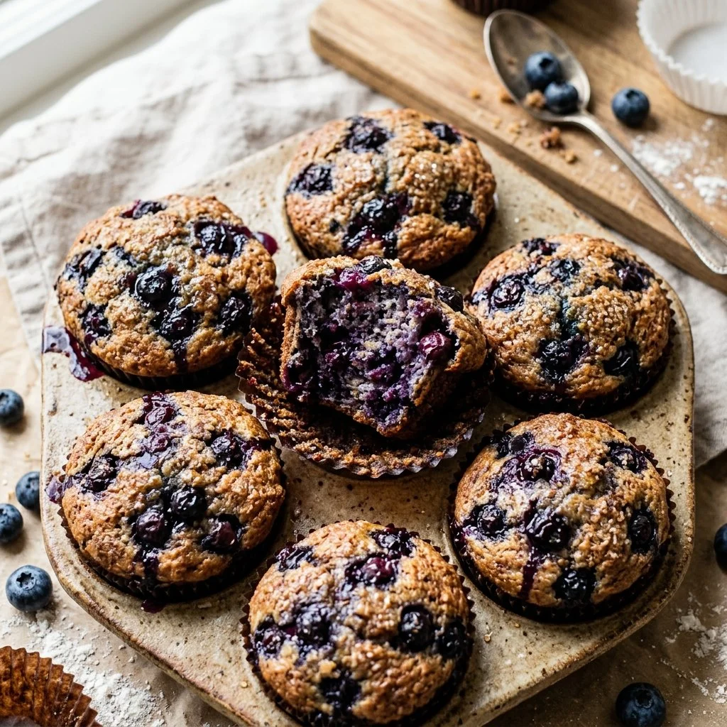 Freshly baked blueberry muffins with juicy berries