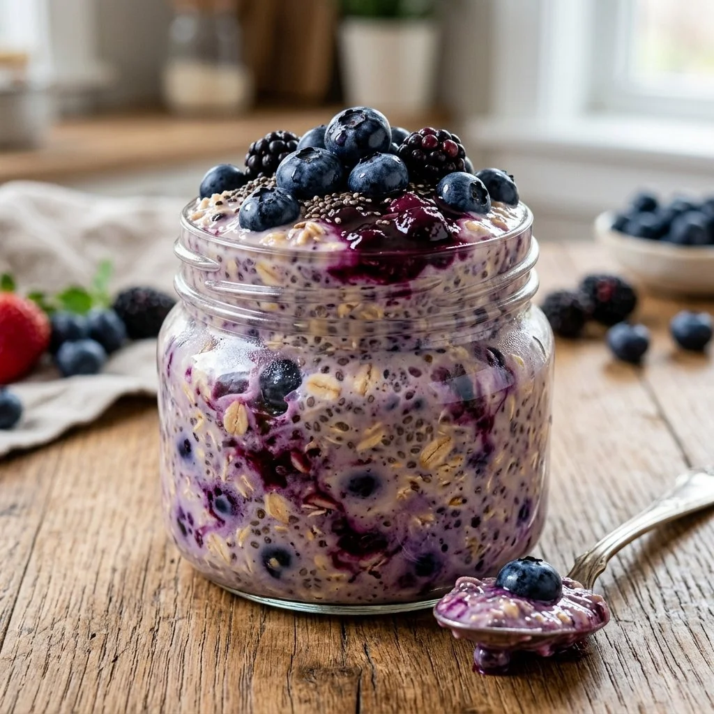Bowl of blueberry overnight oats topped with fresh blueberries and almond slices