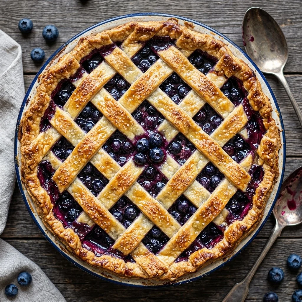 Delicious homemade blueberry pie with fresh blueberries and a flaky crust.