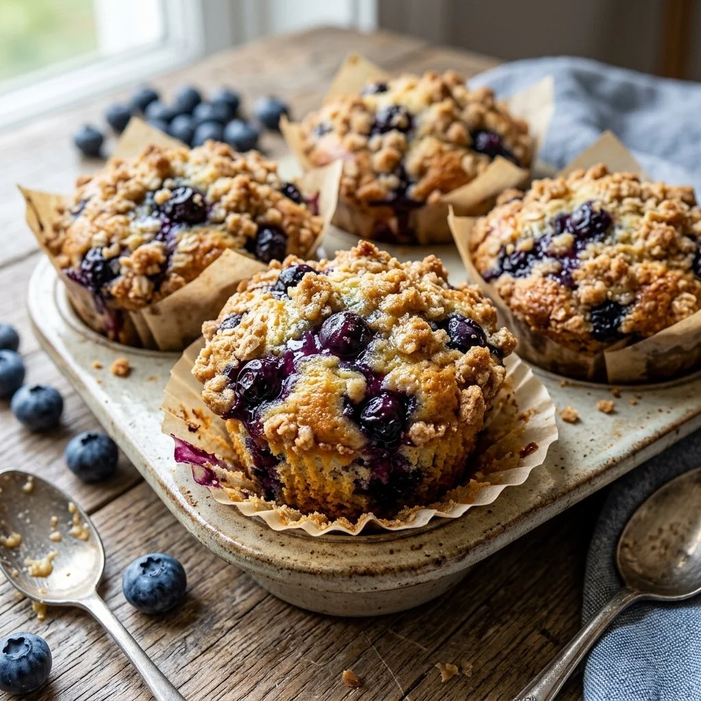 Delicious blueberry streusel muffins baked to perfection with a crumbly topping