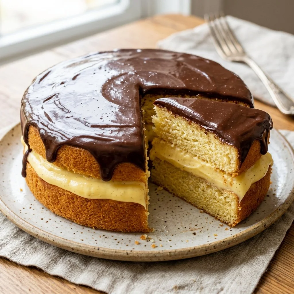 Delicious slice of Boston Cream Pie with chocolate glaze and creamy filling
