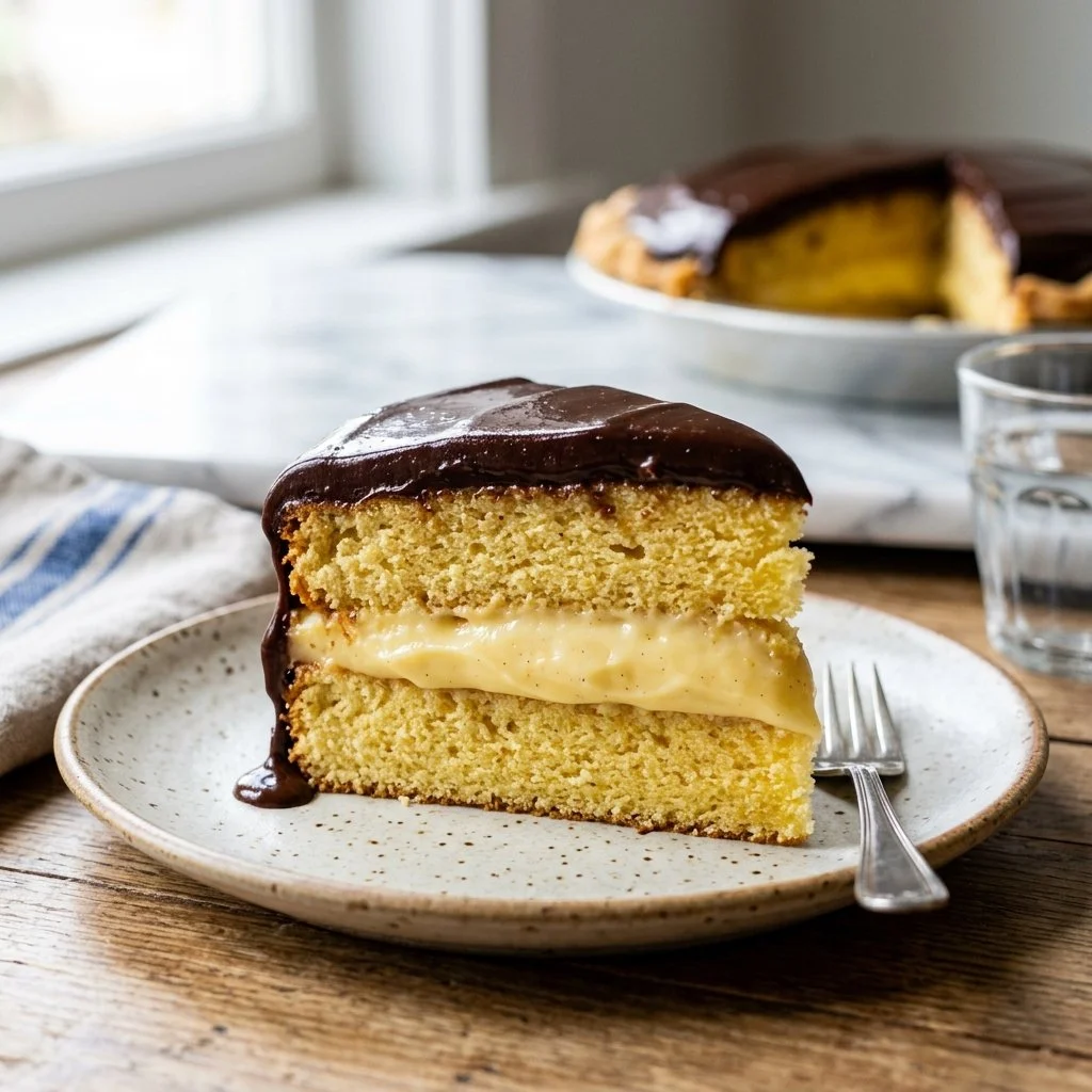Delicious slice of Boston Cream Pie with chocolate frosting and custard filling