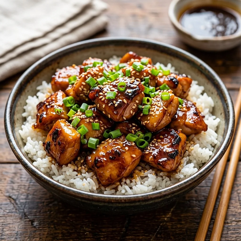 A plate of Bourbon Chicken with a rich glaze and garnished with green onions.
