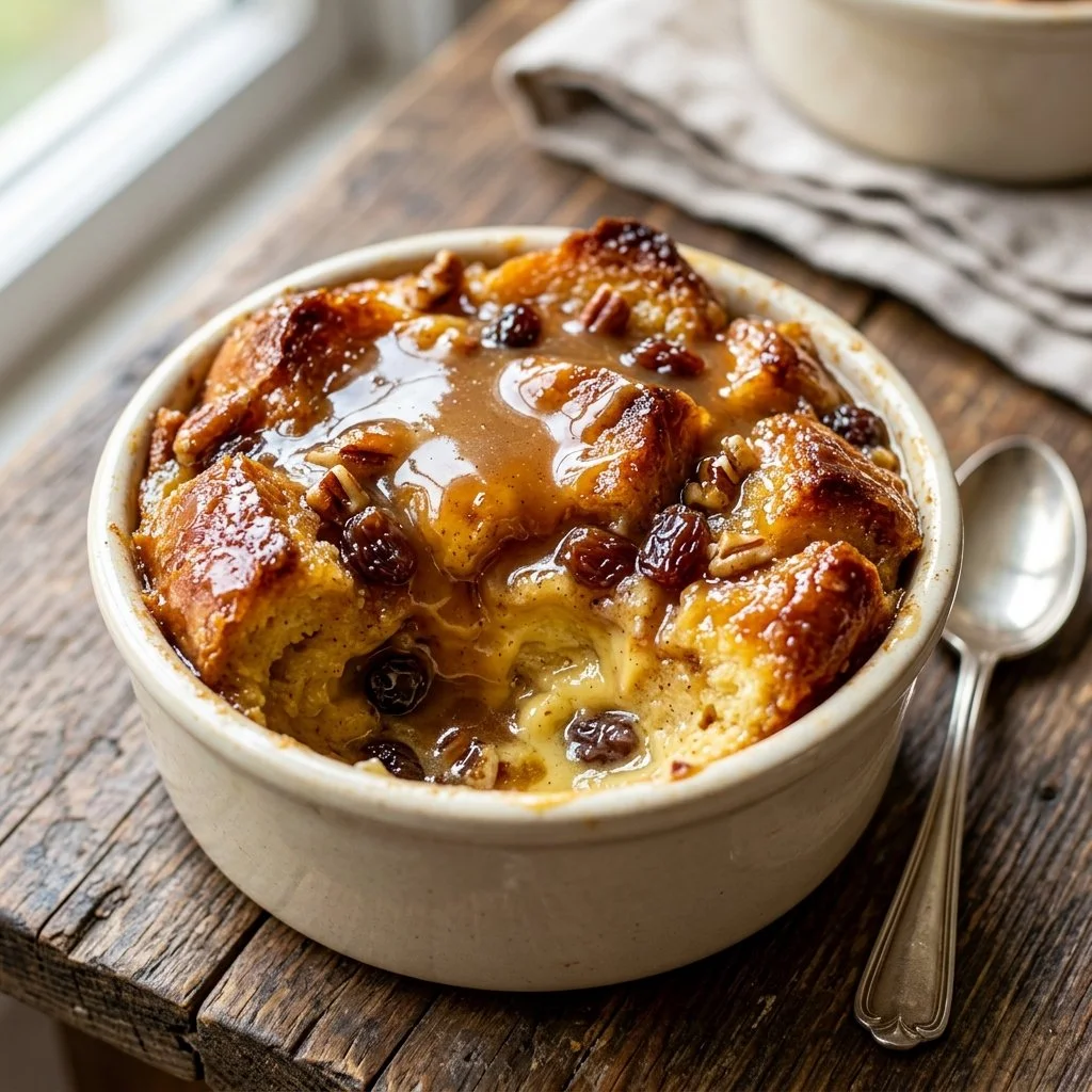 Delicious homemade bread pudding topped with caramel sauce and cinnamon