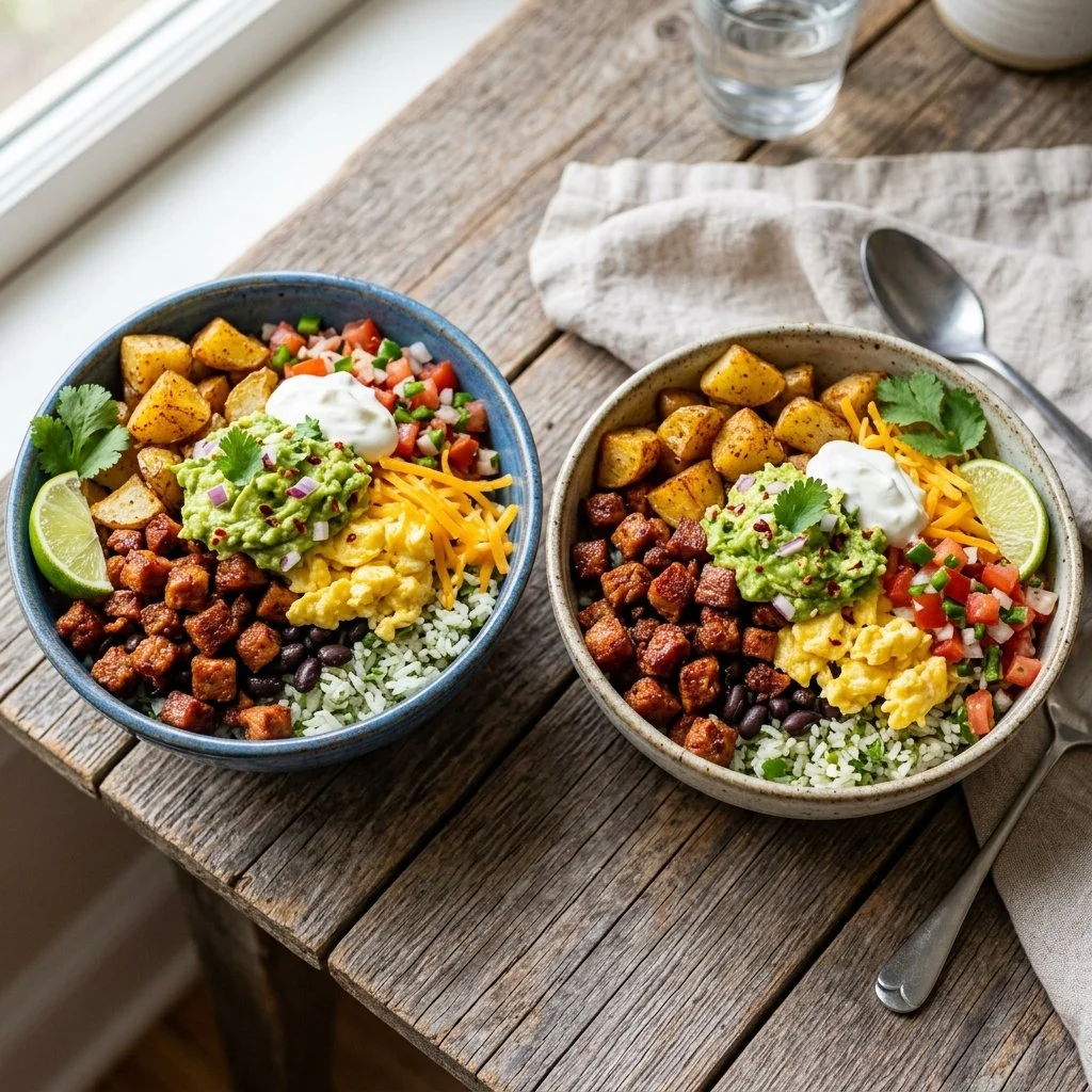 Delicious breakfast burrito bowl filled with eggs, salsa, and toppings