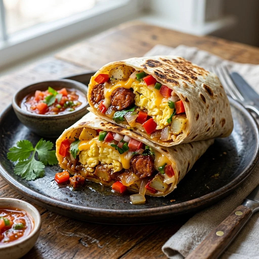 Delicious homemade breakfast burritos filled with eggs, cheese, and vegetables.