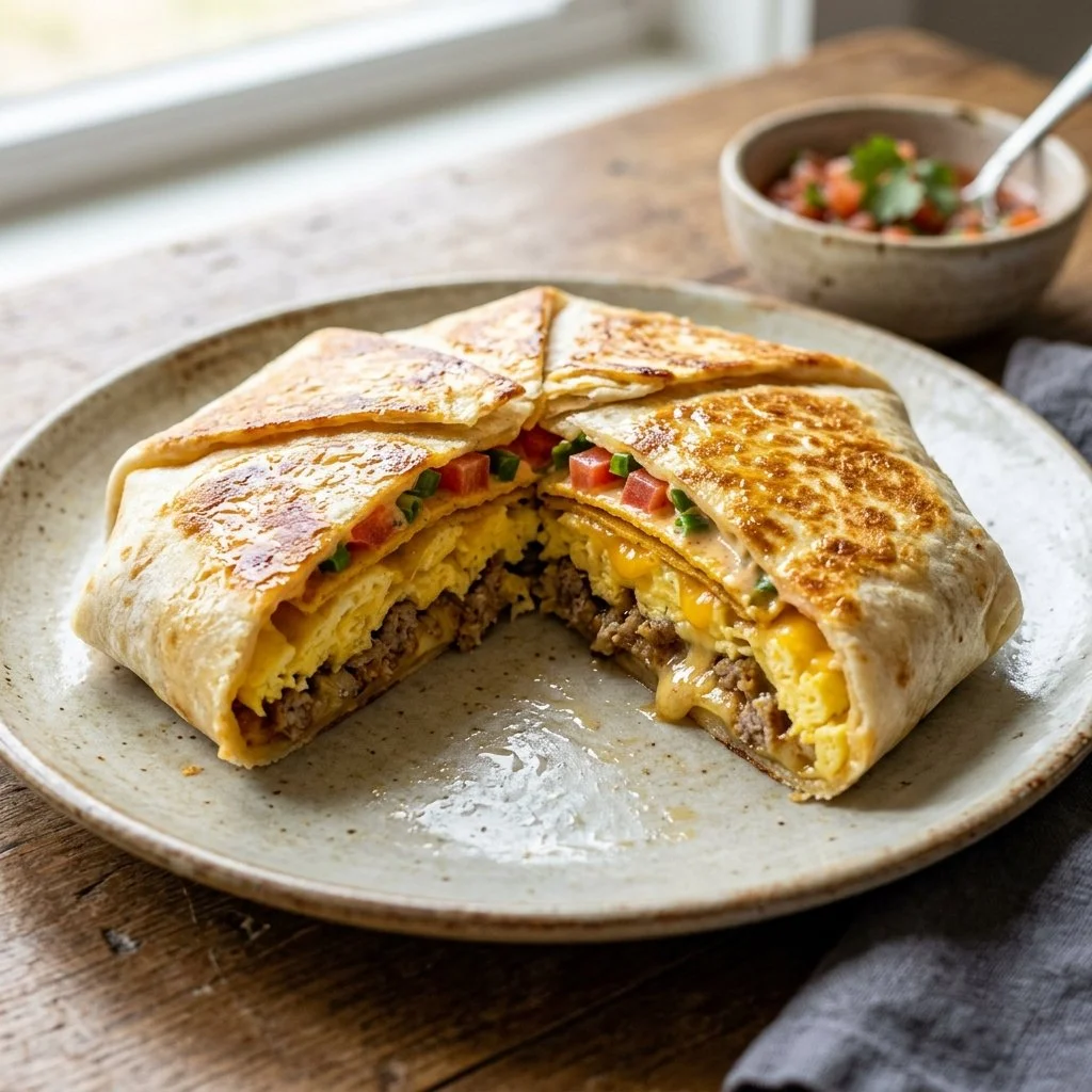 Delicious Breakfast Crunchwrap filled with eggs and cheese
