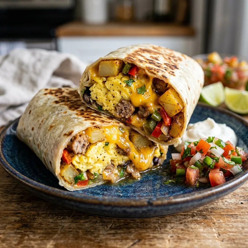 Breakfast meal prep burritos filled with eggs, cheese, and veggies for a healthy start.