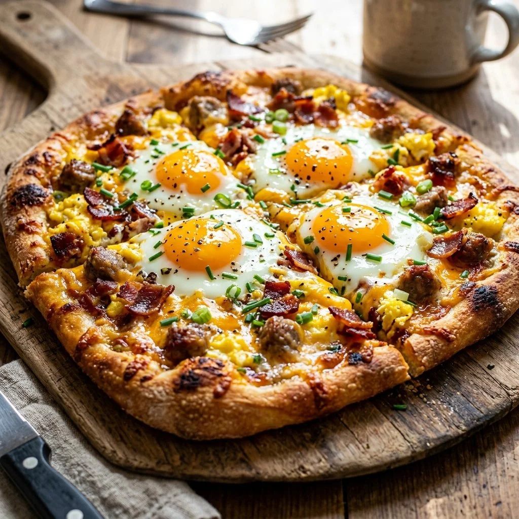 Delicious breakfast pizza topped with eggs, cheese, and fresh ingredients
