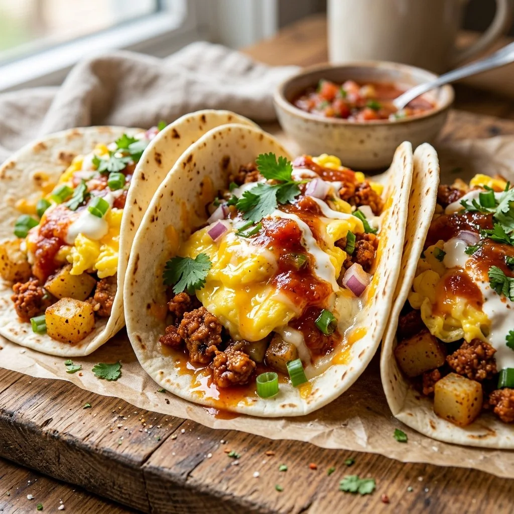 Delicious breakfast tacos with fresh ingredients and vibrant toppings