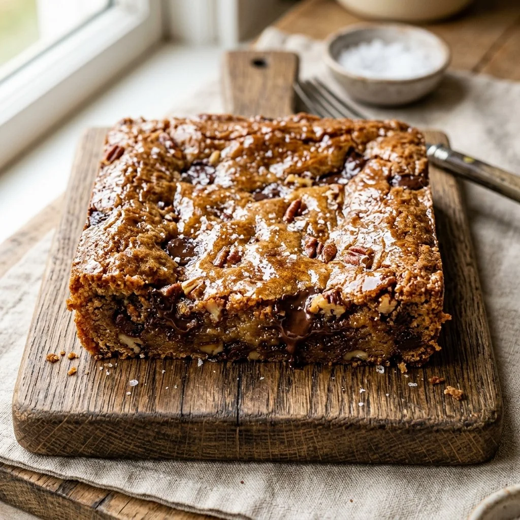 Freshly baked brown butter blondies on a cooling rack