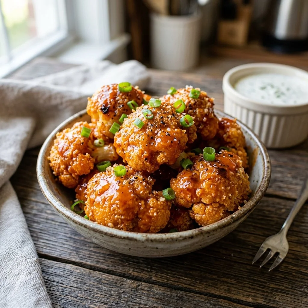 Spicy Buffalo Cauliflower Bites served on a plate