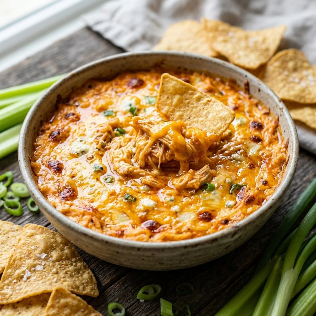 Delicious Buffalo Chicken Dip served in a bowl with tortilla chips