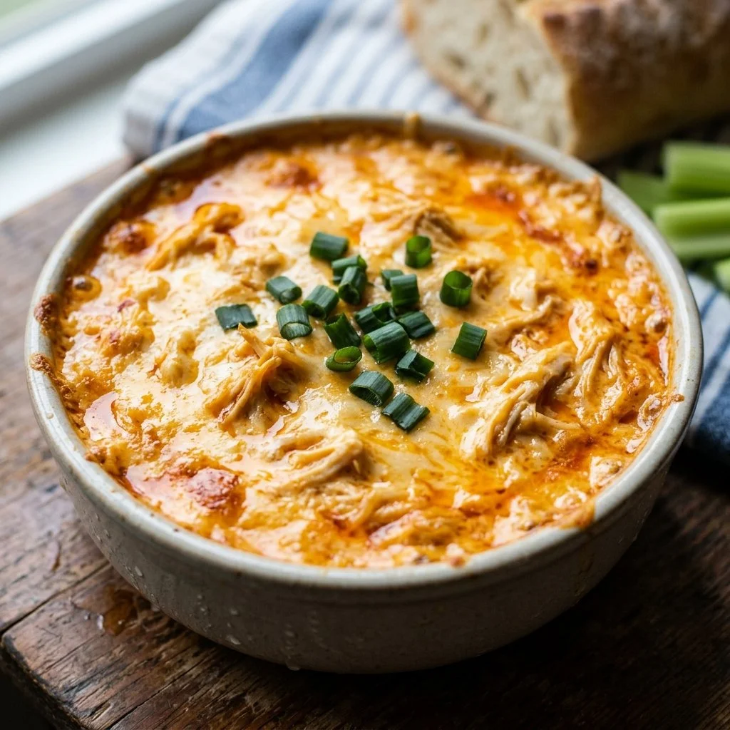 Delicious Buffalo Chicken Dip served with chips and celery