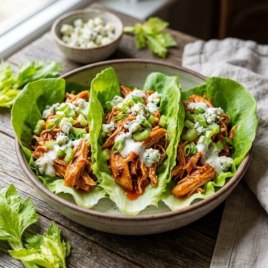Buffalo Chicken Lettuce Wraps served on a plate with fresh ingredients