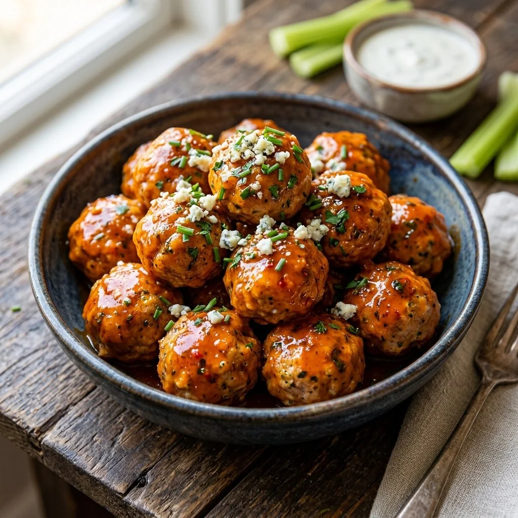 Buffalo Chicken Meatballs served with dipping sauce in a bowl