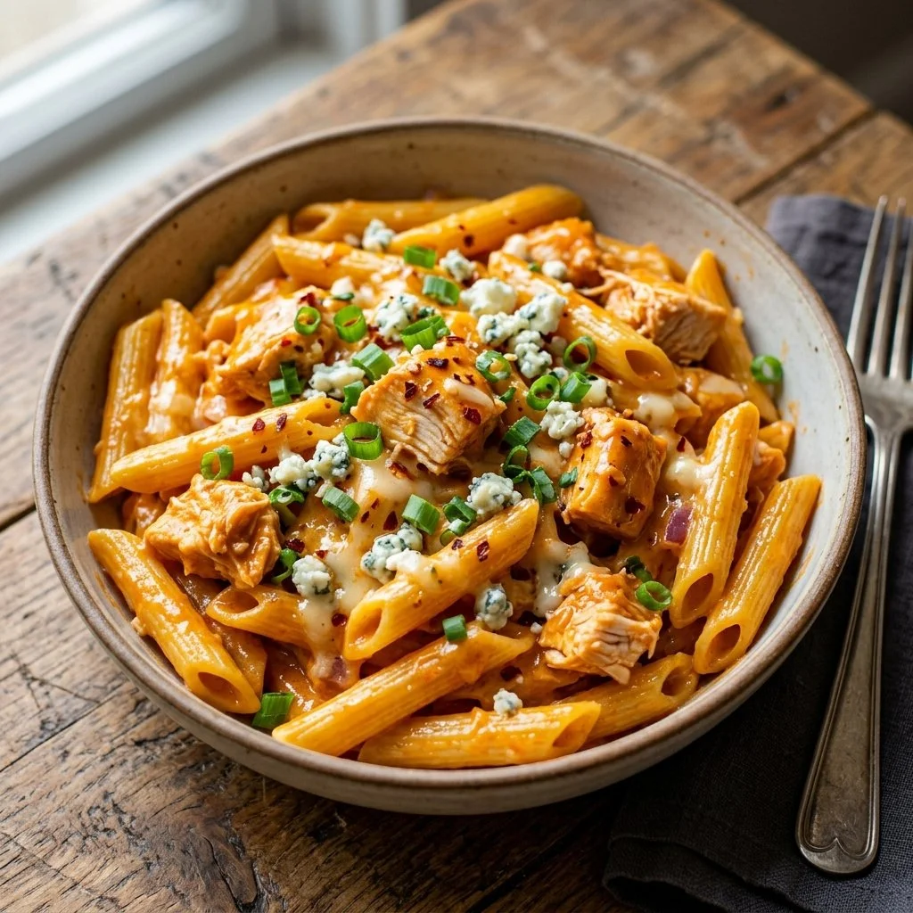 Creamy Buffalo Chicken Pasta served in a bowl with garnishes.