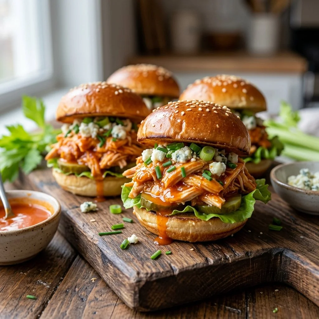 Buffalo Chicken Sliders topped with blue cheese and fresh celery