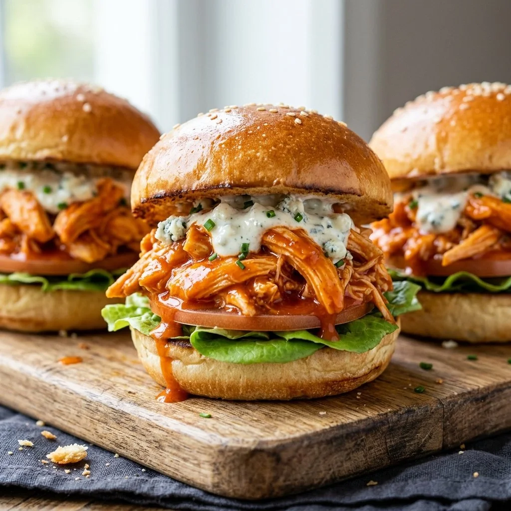 Buffalo Chicken Sliders topped with sauce and garnished with celery